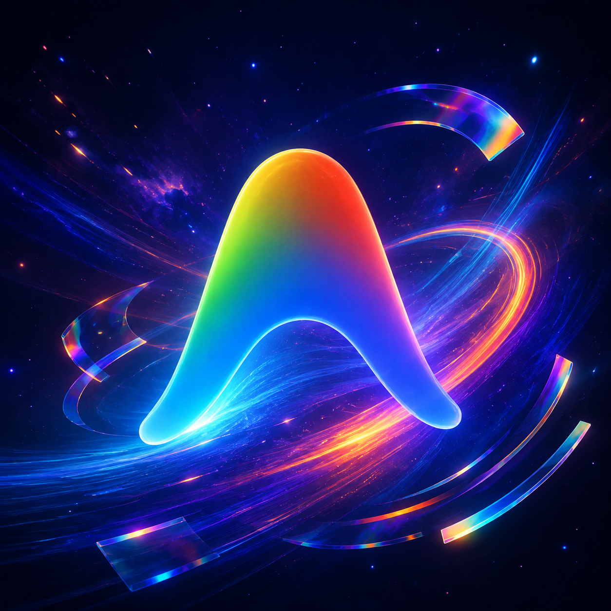 A large Google Antigravity icon floats through colorful gravity-wave ribbons and prism arcs on a dark space-like background.